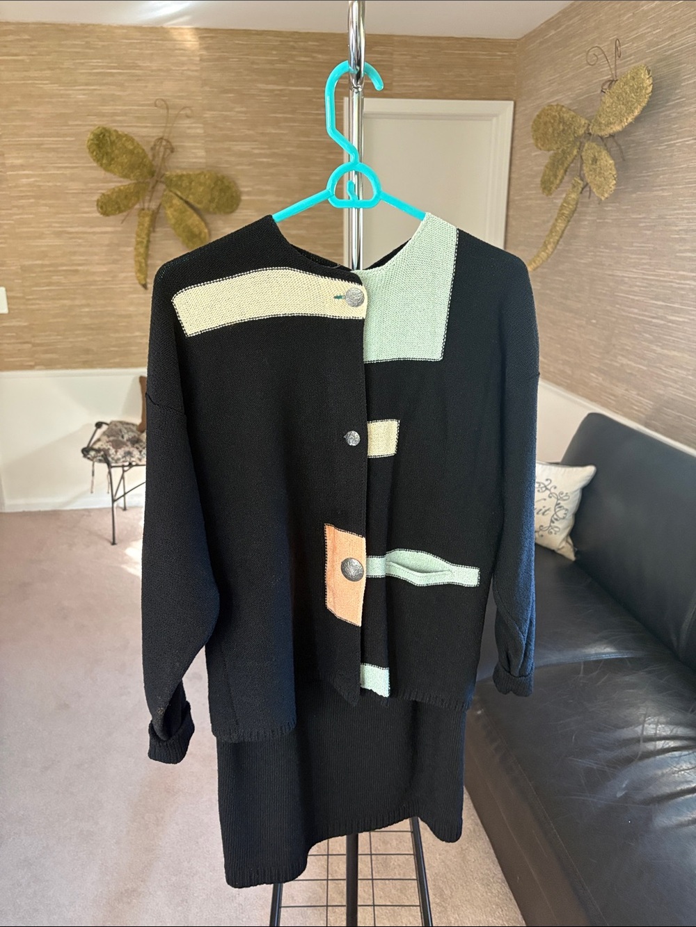 Black Colorblock Women's Cardigan with Mint and Peach Accents